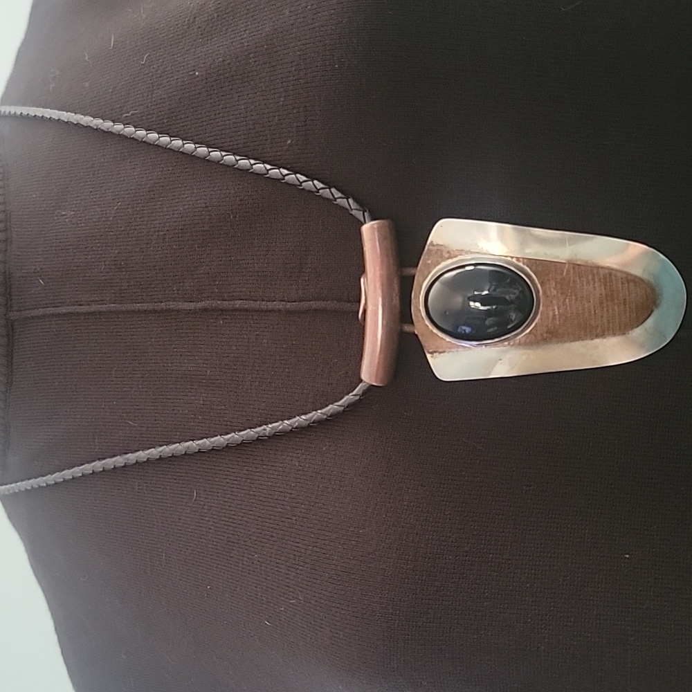 Mathews Navajo Sterling & Copper Pendant on Black Braided Leather Necklace
